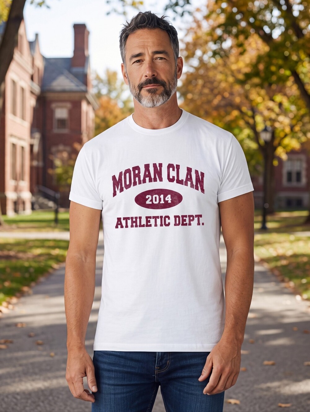 Nike White Short-Sleeve Tee with Maroon 'MORAN CLAN 2014 Athletic Dept.' Graphic